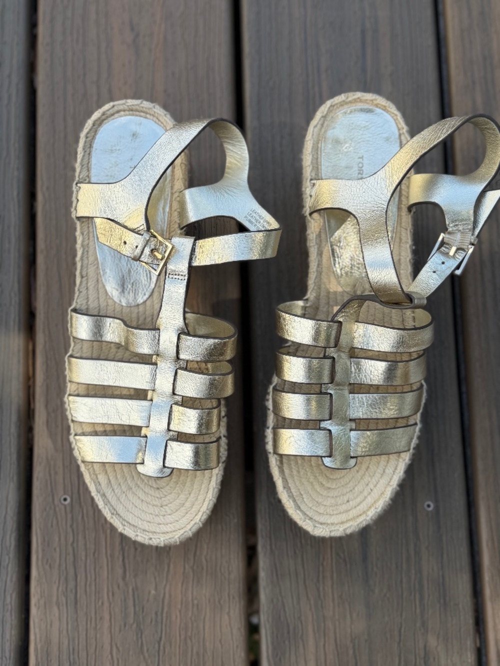 Tory Burch Gold Metallic Leather Espadrille Sandals Size 9